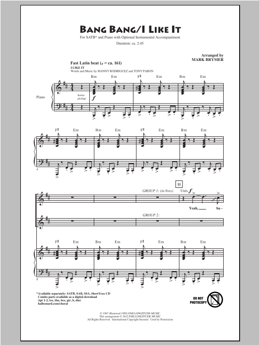 Download Mark Brymer Bang Bang/ I Like It Sheet Music and learn how to play SAB PDF digital score in minutes