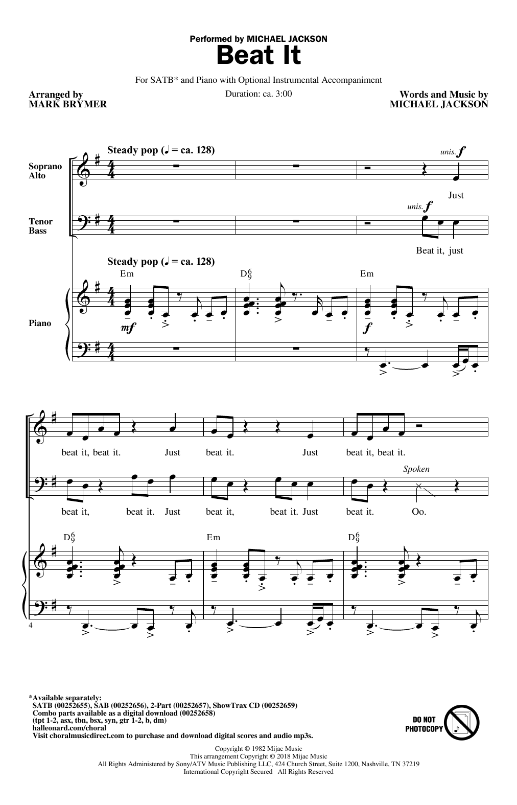 Download Mark Brymer Beat It Sheet Music and learn how to play SATB Choir PDF digital score in minutes