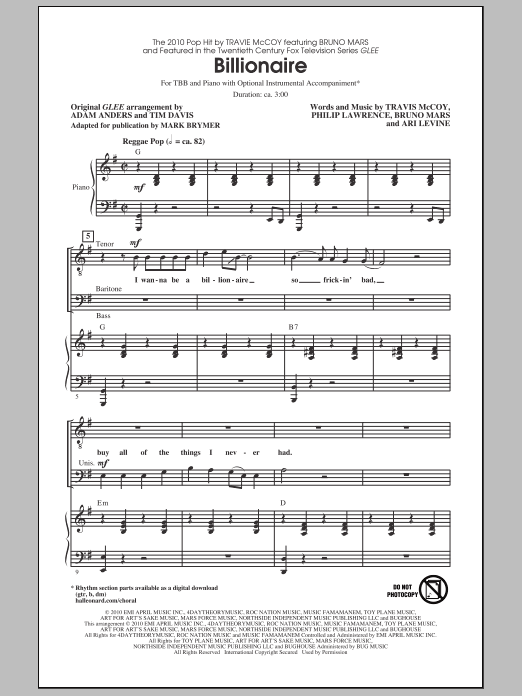 Download Mark Brymer Billionaire Sheet Music and learn how to play TBB Choir PDF digital score in minutes
