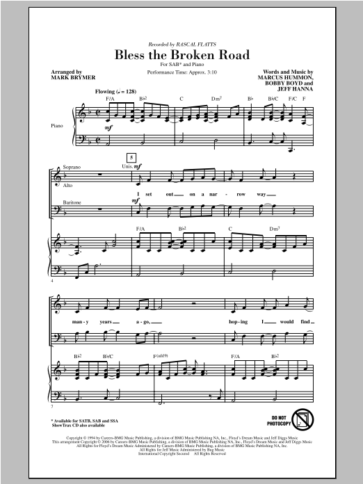 Download Rascal Flatts Bless The Broken Road (arr. Mark Brymer) Sheet Music and learn how to play SATB PDF digital score in minutes