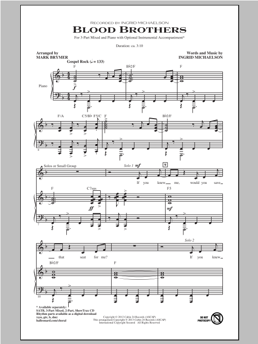 Download Ingrid Michaelson Blood Brothers (arr. Mark Brymer) Sheet Music and learn how to play 3-Part Mixed PDF digital score in minutes
