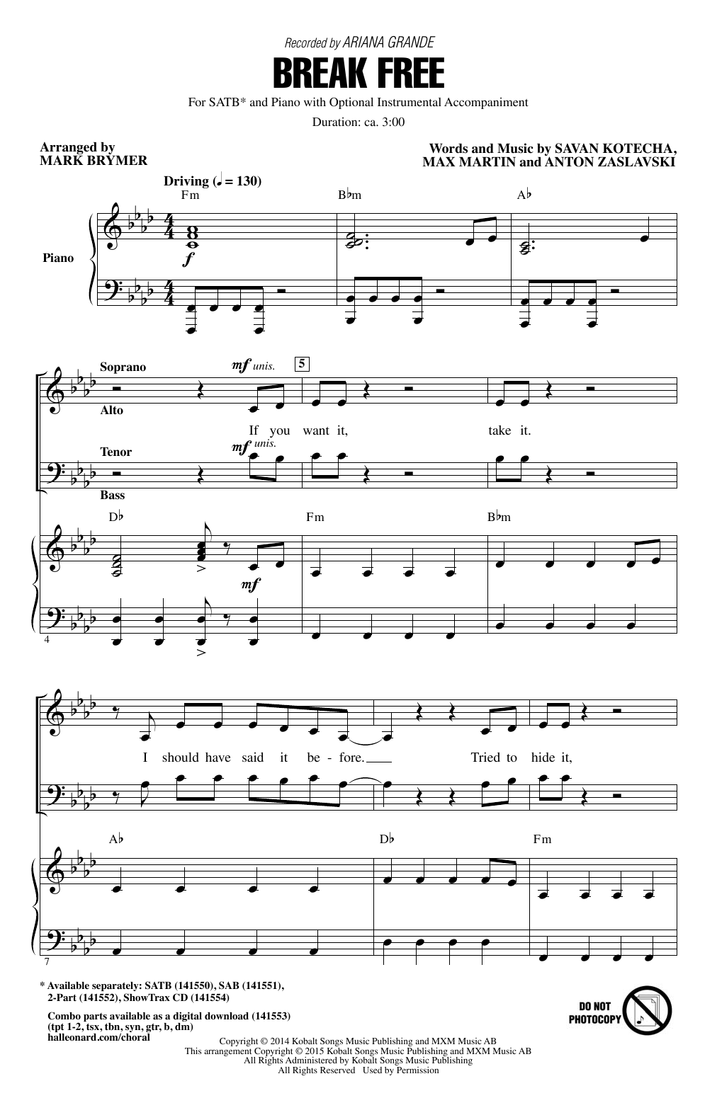 Download Ariana Grande Break Free (feat. Zedd) (arr. Mark Brymer) Sheet Music and learn how to play SATB PDF digital score in minutes