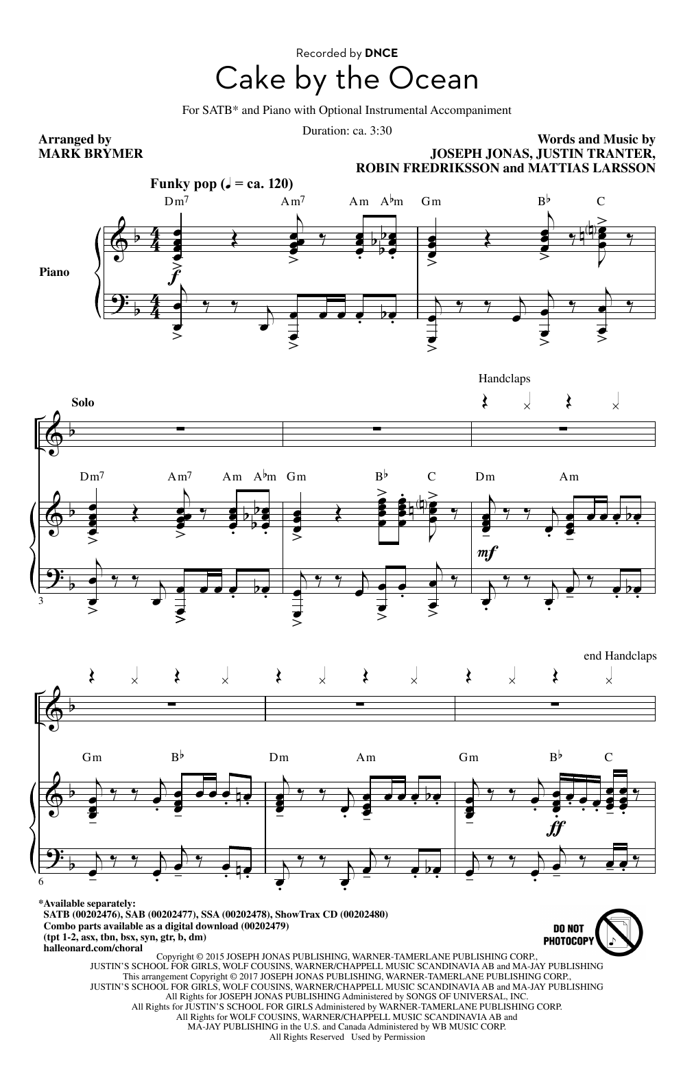 Download DNCE Cake By The Ocean (feat. Mark Brymer) Sheet Music and learn how to play SAB PDF digital score in minutes