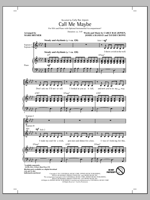 Download Carly Rae Jepsen Call Me Maybe (arr. Mark Brymer) Sheet Music and learn how to play 2-Part Choir PDF digital score in minutes