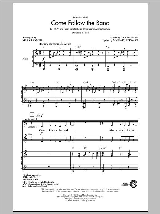 Download Cy Coleman Come Follow The Band (arr. Mark Brymer) Sheet Music and learn how to play SSA PDF digital score in minutes