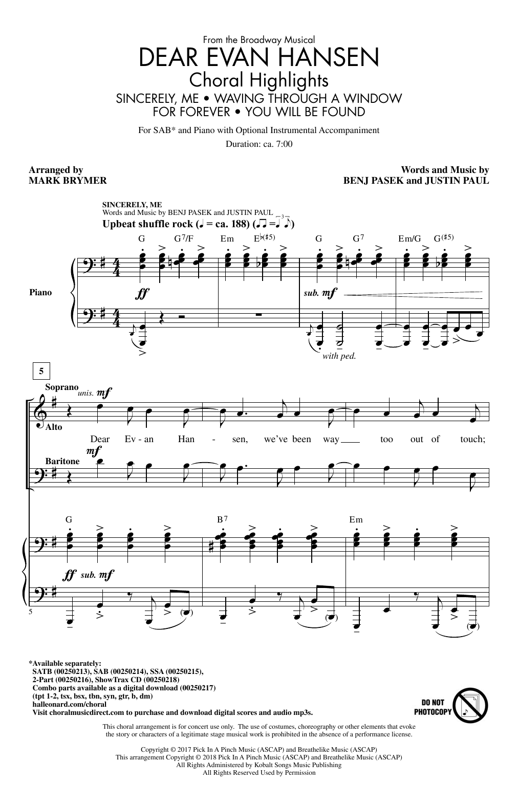 Download Mark Brymer Dear Evan Hansen (Choral Highlights) Sheet Music and learn how to play 2-Part Choir PDF digital score in minutes