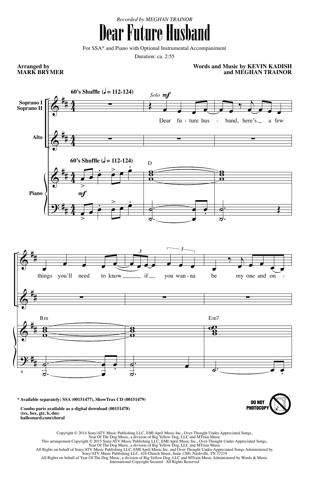 Download Mark Brymer Dear Future Husband Sheet Music and learn how to play SSA PDF digital score in minutes