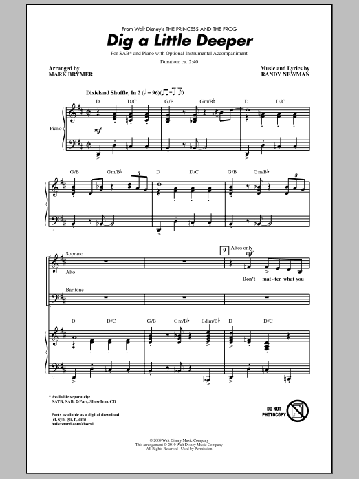 Download Mark Brymer Dig A Little Deeper (from The Princess And The Frog) Sheet Music and learn how to play 2-Part Choir PDF digital score in minutes