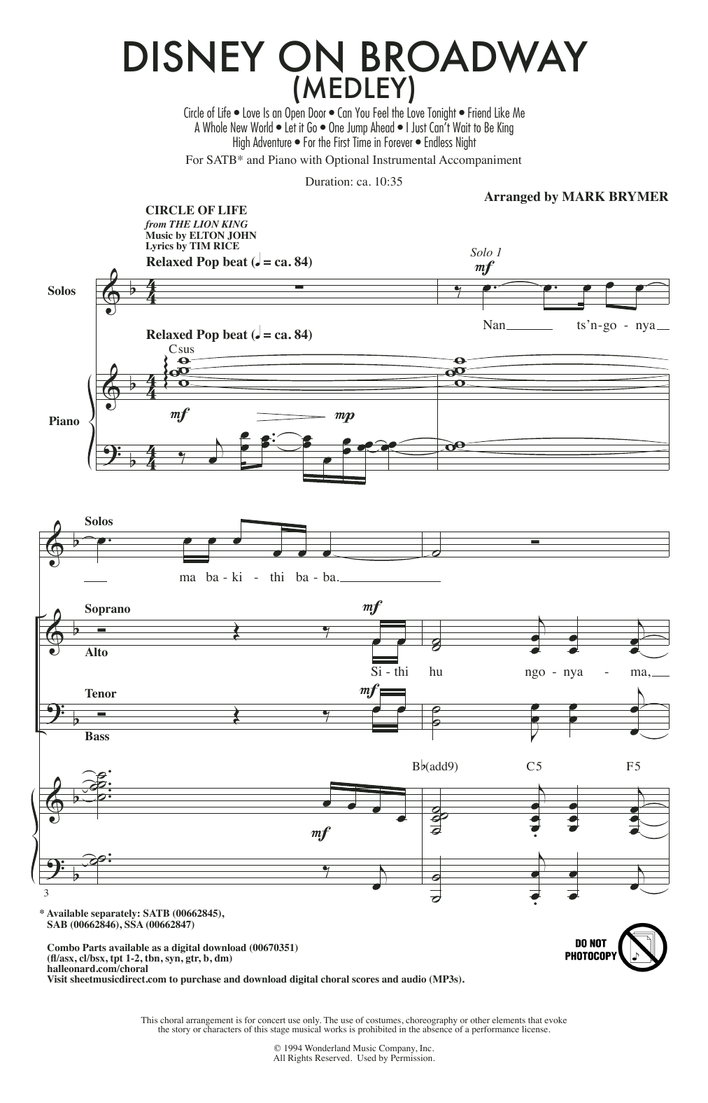 Download Mark Brymer Disney On Broadway (Medley) Sheet Music and learn how to play SAB Choir PDF digital score in minutes