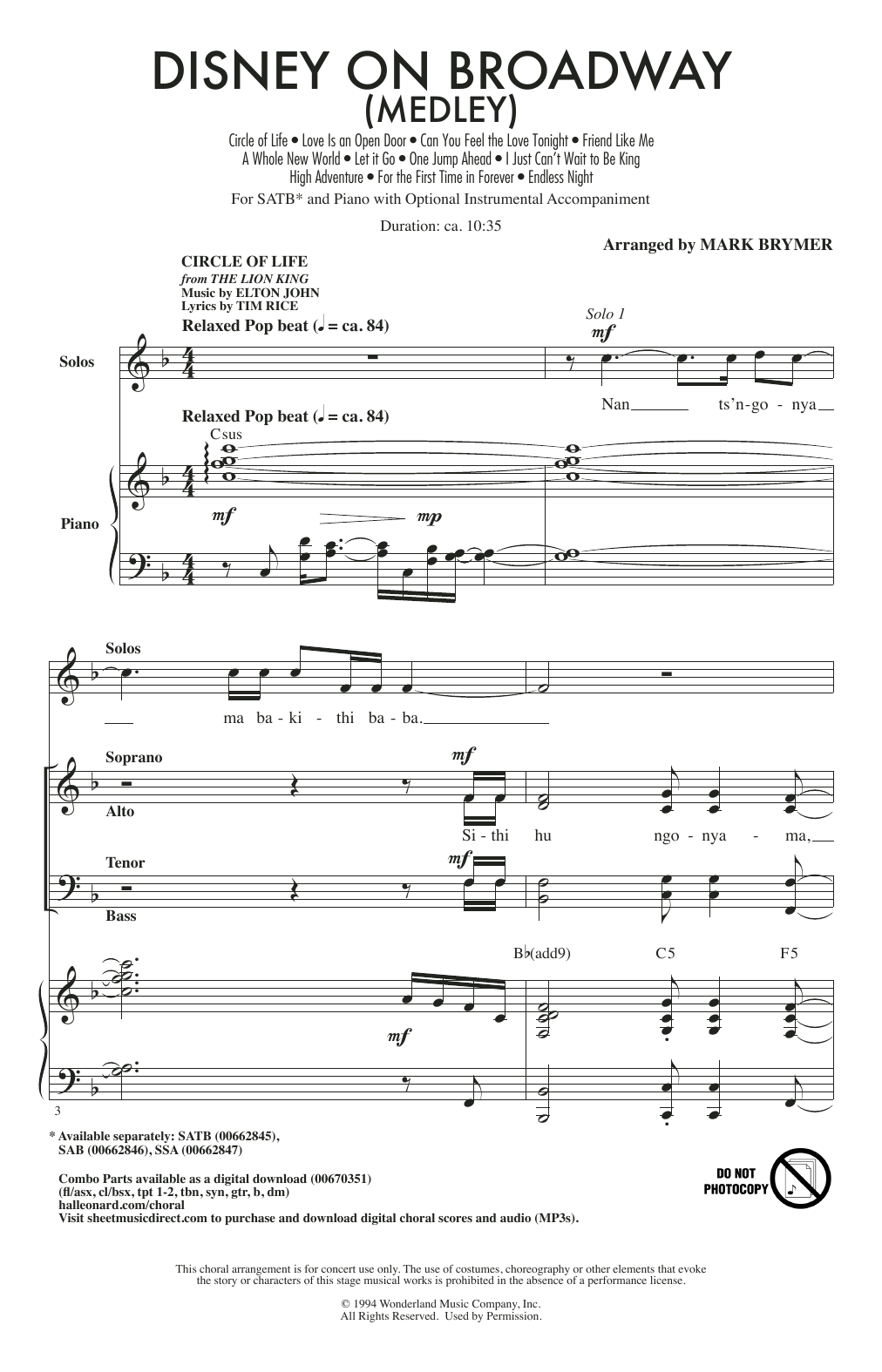 Download Mark Brymer Disney On Broadway (Medley) Sheet Music and learn how to play SSA Choir PDF digital score in minutes