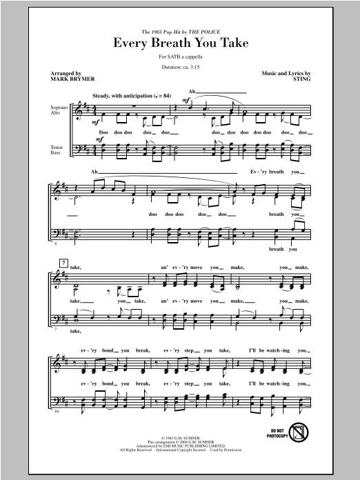 Download The Police Every Breath You Take (arr. Mark Brymer) Sheet Music and learn how to play SATB PDF digital score in minutes