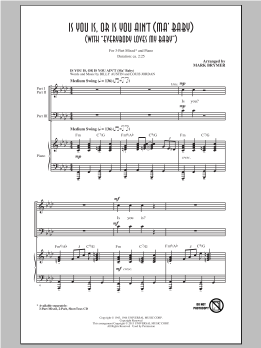Download Louis Jordan Is You Is, Or Is You Ain't (Ma' Baby) (arr. Mark Brymer) Sheet Music and learn how to play 2-Part Choir PDF digital score in minutes