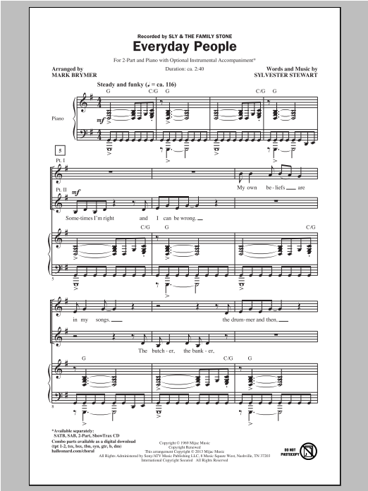 Download Sly & The Family Stone Everyday People (arr. Mark Brymer) Sheet Music and learn how to play 2-Part Choir PDF digital score in minutes
