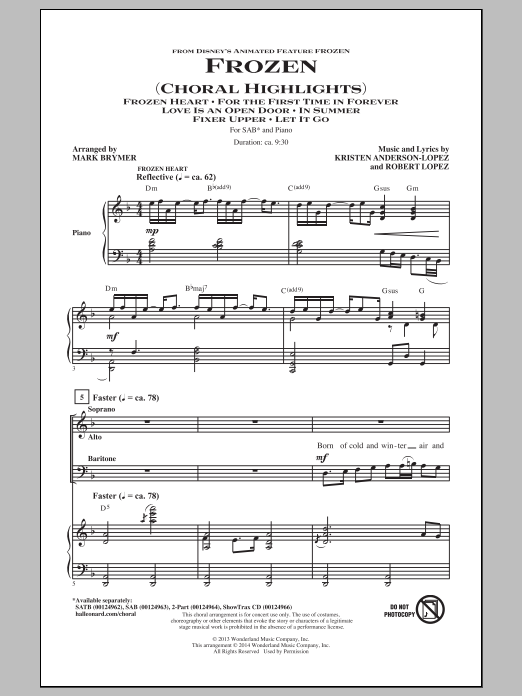 Download Robert Lopez Frozen (Choral Highlights) (arr. Mark Brymer) Sheet Music and learn how to play SATB PDF digital score in minutes