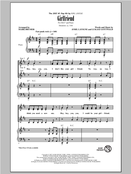 Download Avril Lavigne Girlfriend (arr. Mark Brymer) Sheet Music and learn how to play SSA PDF digital score in minutes