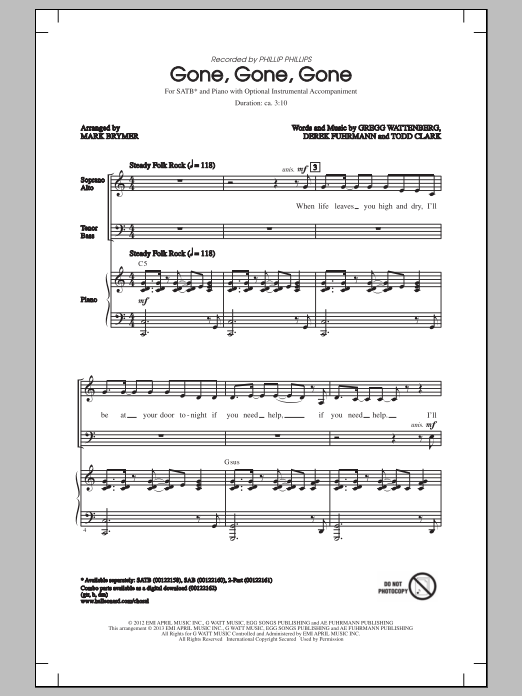 Download Phillip Phillips Gone, Gone, Gone (arr. Mark Brymer) Sheet Music and learn how to play SAB PDF digital score in minutes