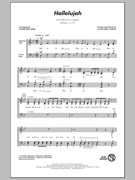 Download Leonard Cohen Hallelujah (arr. Mark Brymer) Sheet Music and learn how to play SATB PDF digital score in minutes