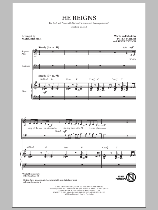 Download Newsboys He Reigns (arr. Mark Brymer) Sheet Music and learn how to play SAB PDF digital score in minutes