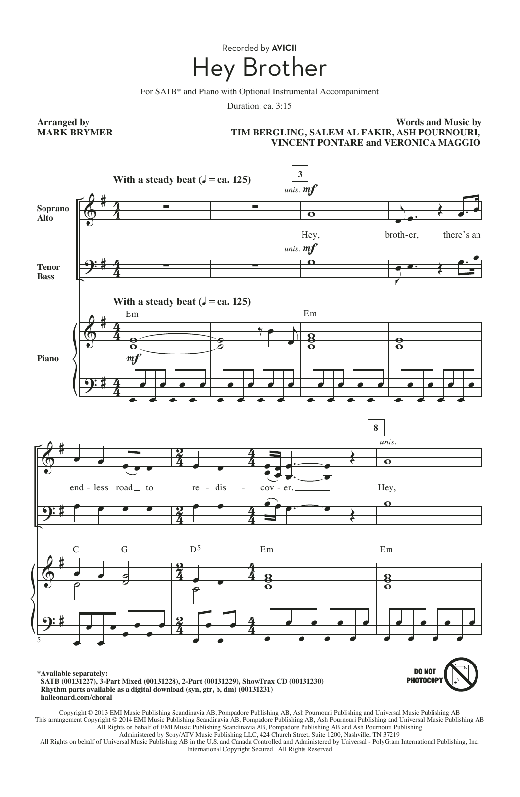 Download Mark Brymer Hey Brother Sheet Music and learn how to play 3-Part Mixed PDF digital score in minutes