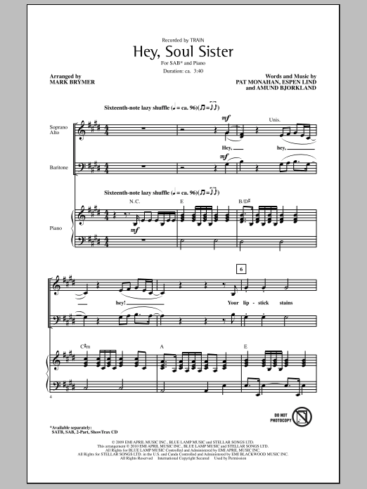 Download Mark Brymer Hey, Soul Sister Sheet Music and learn how to play 2-Part Choir PDF digital score in minutes
