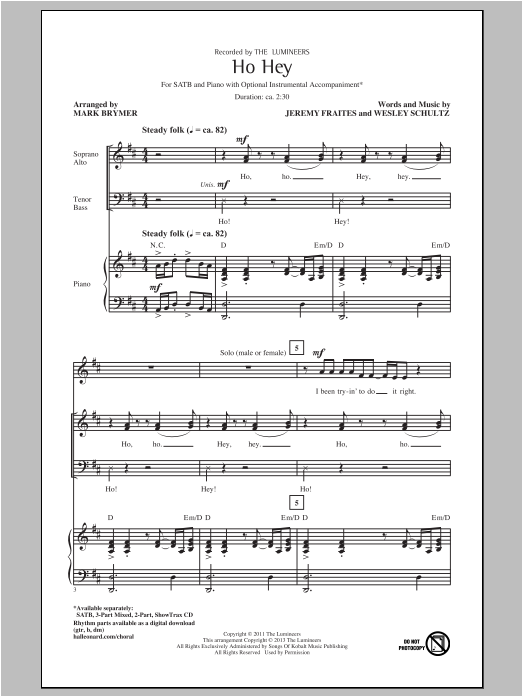 Download The Lumineers Ho Hey (arr. Mark Brymer) Sheet Music and learn how to play SATB PDF digital score in minutes