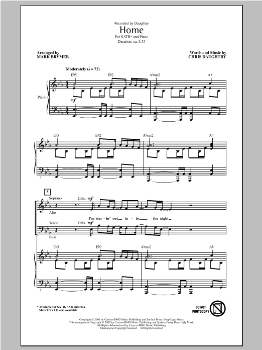 Download Daughtry Home (arr. Mark Brymer) Sheet Music and learn how to play SATB PDF digital score in minutes