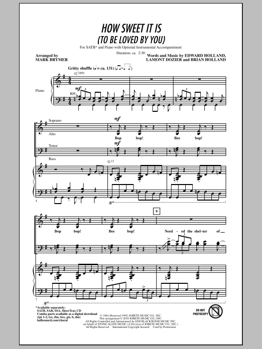 Download Mark Brymer How Sweet It Is (To Be Loved By You) Sheet Music and learn how to play SATB Choir PDF digital score in minutes