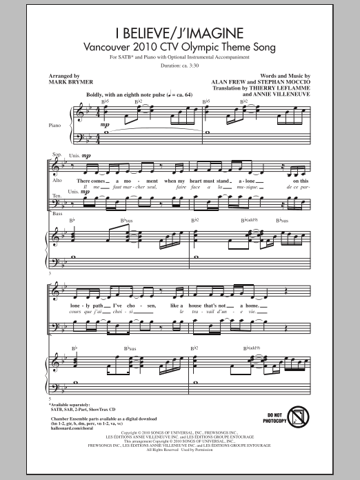 Download Mark Brymer I Believe / J'Imagine Sheet Music and learn how to play 2-Part Choir PDF digital score in minutes