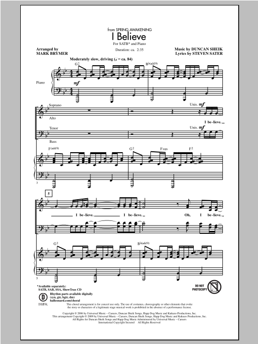 Download Duncan Sheik I Believe (from Spring Awakening) (arr. Mark Brymer) Sheet Music and learn how to play SATB PDF digital score in minutes