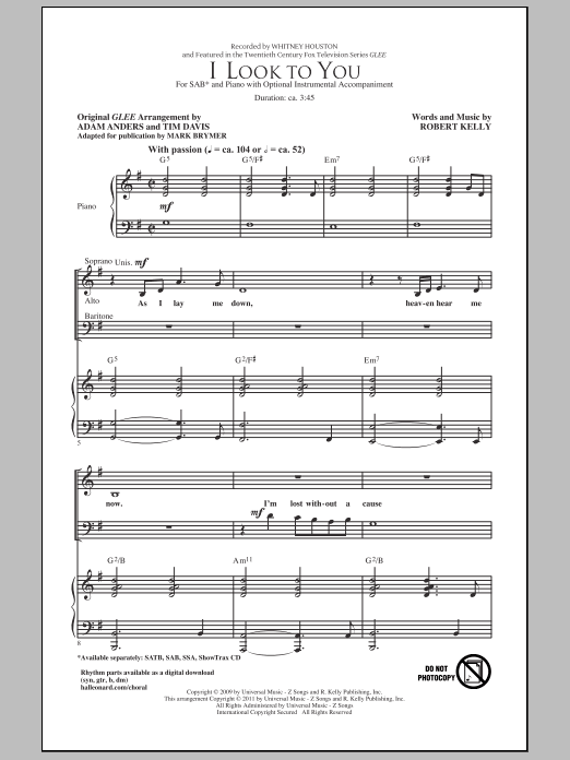 Download Whitney Houston I Look To You (arr. Mark Brymer) Sheet Music and learn how to play SAB PDF digital score in minutes