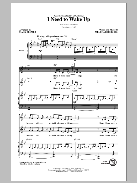 Download Melissa Etheridge I Need To Wake Up (arr. Mark Brymer) Sheet Music and learn how to play 2-Part Choir PDF digital score in minutes