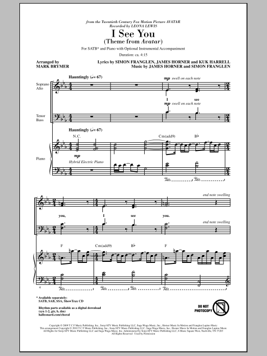 Download Mark Brymer I See You (Theme from Avatar) Sheet Music and learn how to play 2-Part Choir PDF digital score in minutes