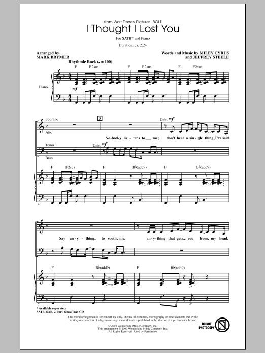 Download Mark Brymer I Thought I Lost You (from Bolt) Sheet Music and learn how to play SATB Choir PDF digital score in minutes