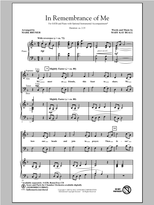 Download Mary Kay Beall In Remembrance Of Me (arr. Mark Brymer) Sheet Music and learn how to play SATB PDF digital score in minutes