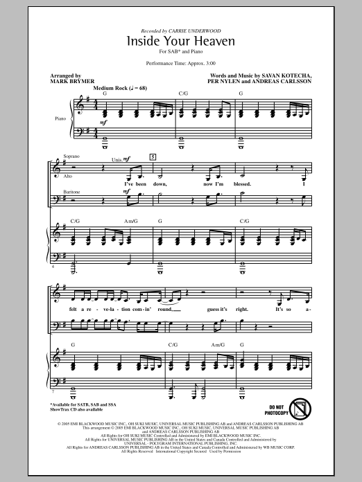Download Carrie Underwood Inside Your Heaven (arr. Mark Brymer) Sheet Music and learn how to play SSA PDF digital score in minutes