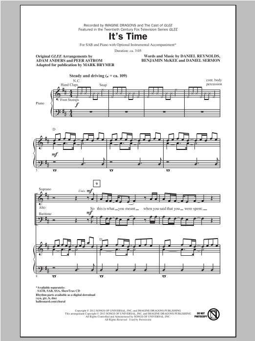 Download Glee Cast It's Time (arr. Mark Brymer) Sheet Music and learn how to play SATB PDF digital score in minutes