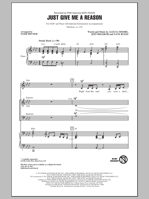 Download Pink Just Give Me A Reason (arr. Mark Brymer) Sheet Music and learn how to play SSA PDF digital score in minutes