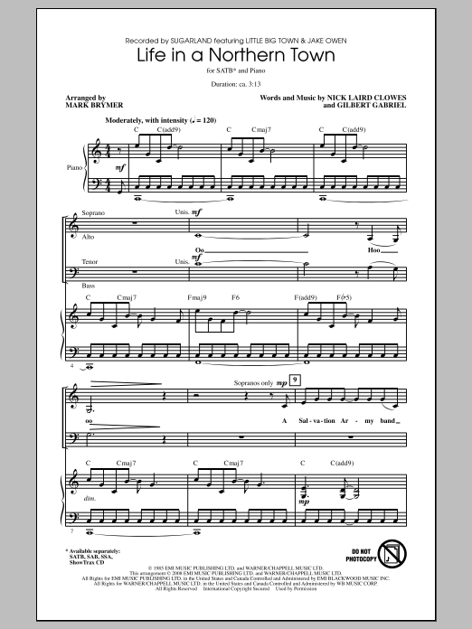 Download Sugarland Life In A Northern Town (arr. Mark Brymer) Sheet Music and learn how to play SAB PDF digital score in minutes