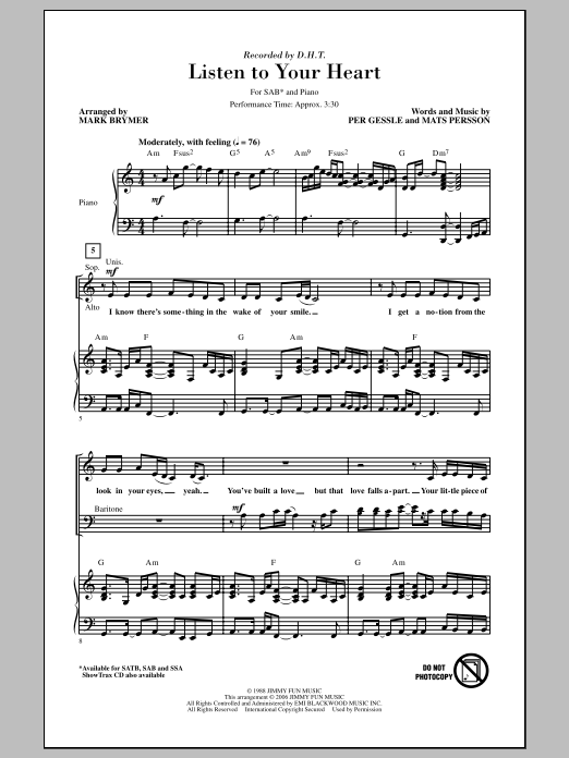 Download Roxette Listen To Your Heart (arr. Mark Brymer) Sheet Music and learn how to play SAB PDF digital score in minutes