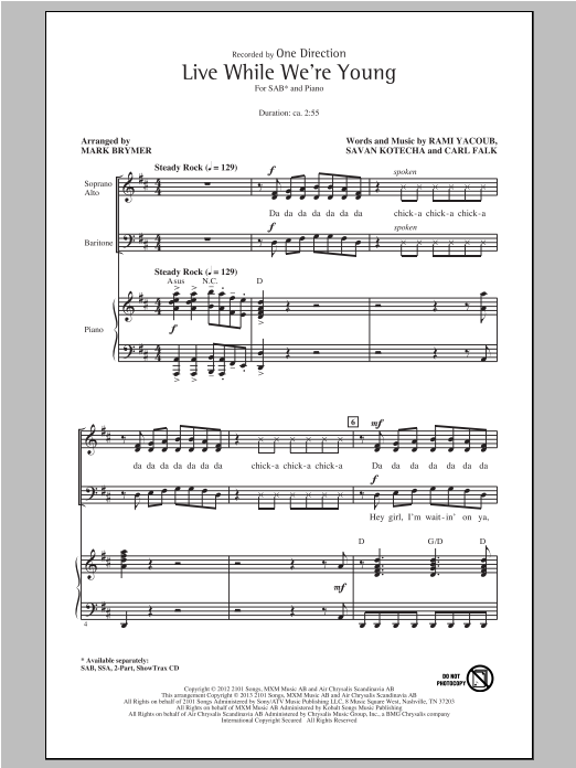 Download One Direction Live While We're Young (arr. Mark Brymer) Sheet Music and learn how to play SAB PDF digital score in minutes
