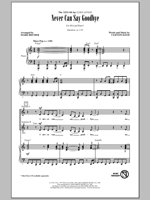 Download Mark Brymer Never Can Say Goodbye Sheet Music and learn how to play SSA Choir PDF digital score in minutes