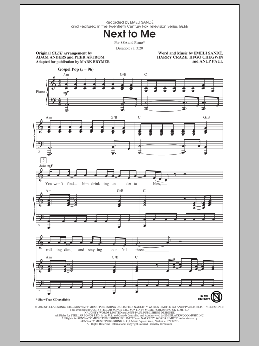 Download Emeli Sandé Next To Me (arr. Mark Brymer) Sheet Music and learn how to play SSA PDF digital score in minutes