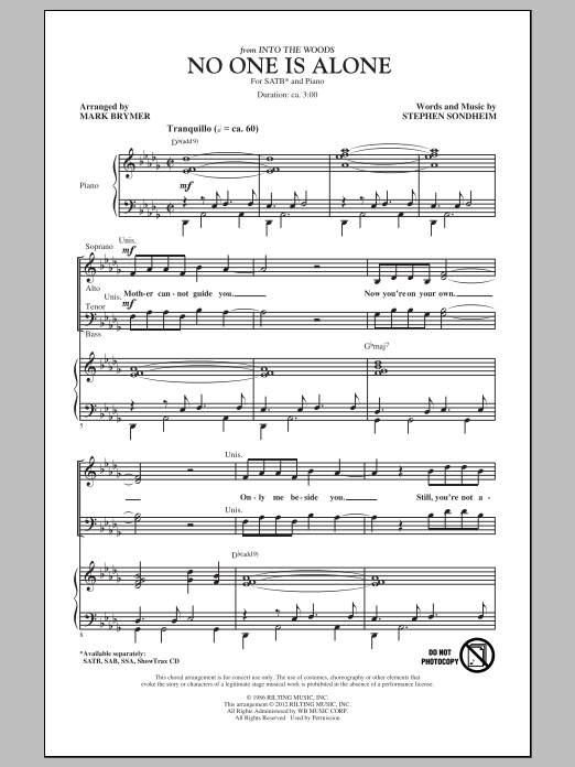 Download Mark Brymer No One Is Alone - Part I Sheet Music and learn how to play SAB PDF digital score in minutes