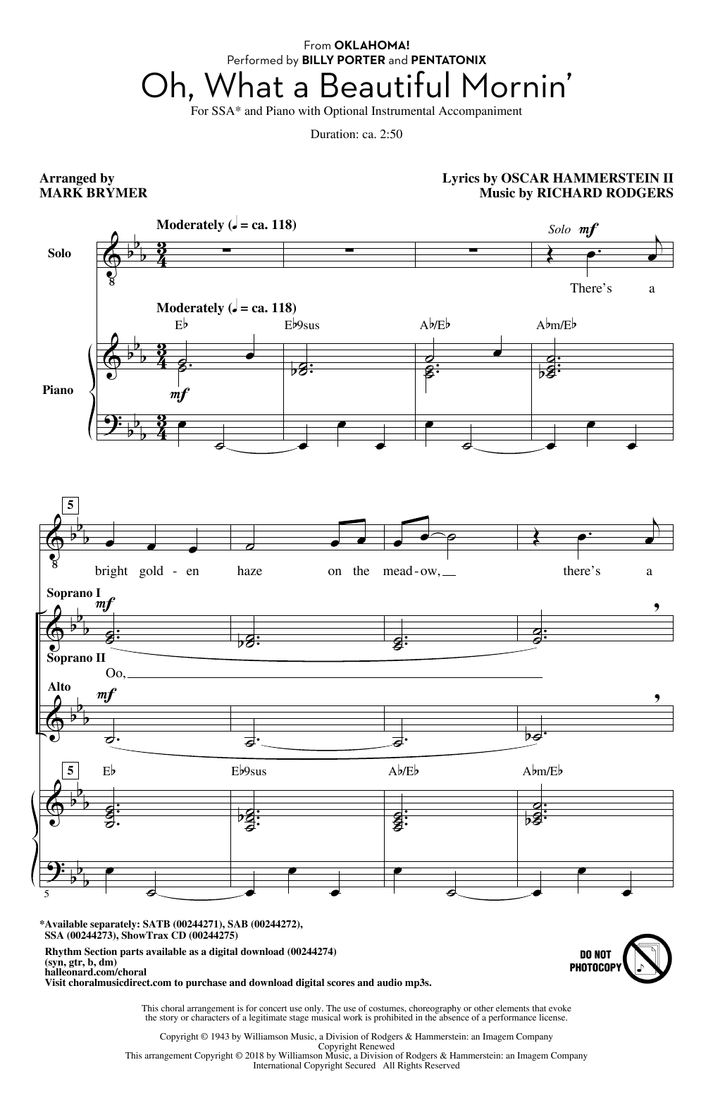 Download Mark Brymer Oh, What A Beautiful Mornin' (from Oklahoma!) Sheet Music and learn how to play SSA Choir PDF digital score in minutes