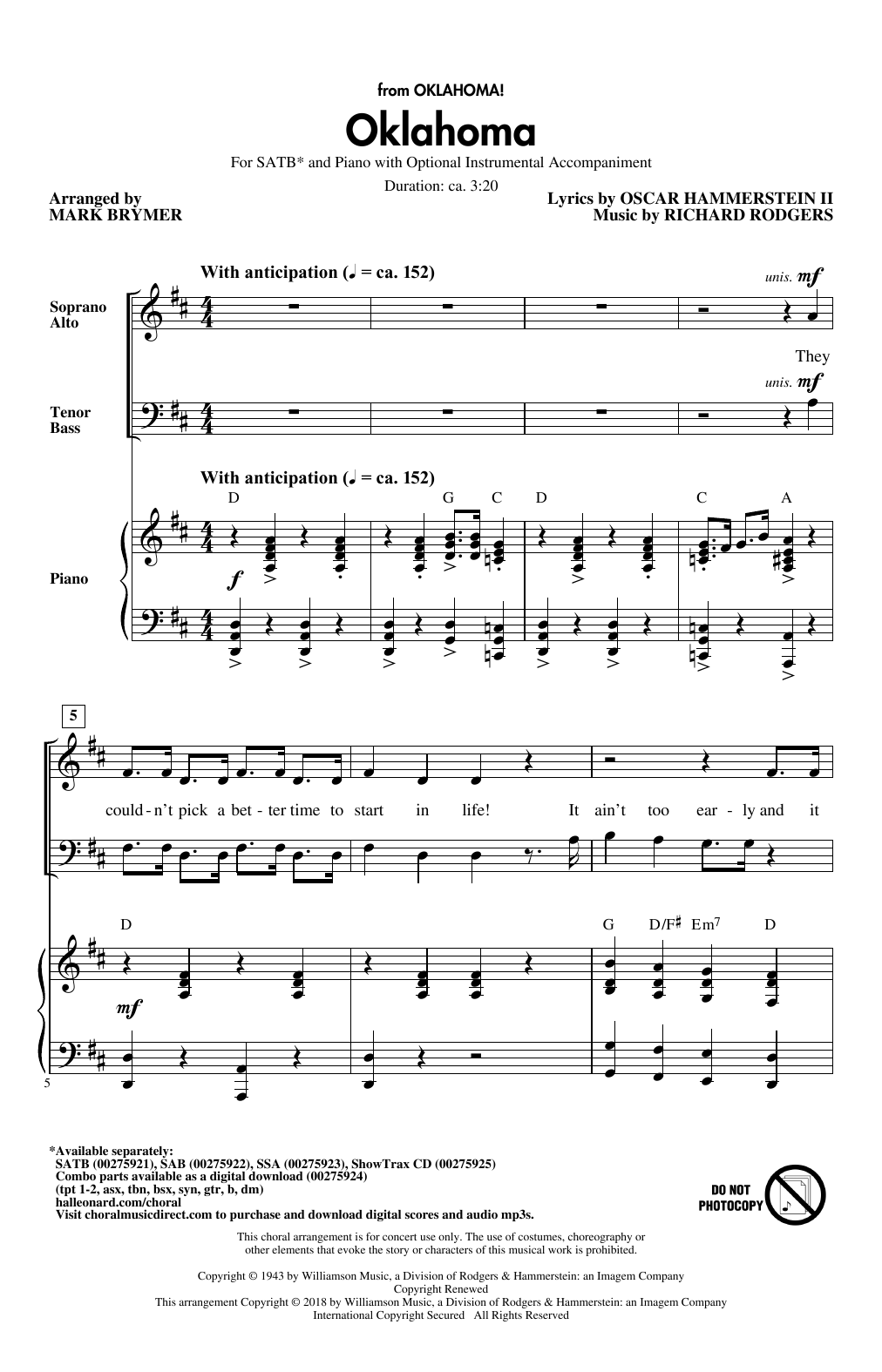Download Mark Brymer Oklahoma (from Oklahoma!) Sheet Music and learn how to play SSA Choir PDF digital score in minutes