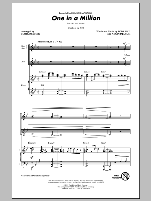 Download Hannah Montana One In A Million (arr. Mark Brymer) Sheet Music and learn how to play SSA PDF digital score in minutes