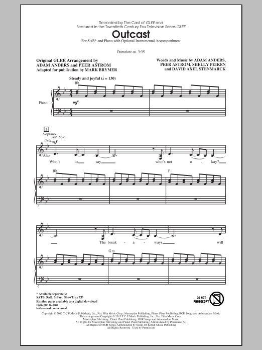Download Glee Cast Outcast (arr. Mark Brymer) Sheet Music and learn how to play SATB PDF digital score in minutes