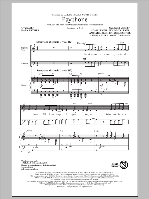 Download Maroon 5 Payphone (arr. Mark Brymer) Sheet Music and learn how to play SATB PDF digital score in minutes