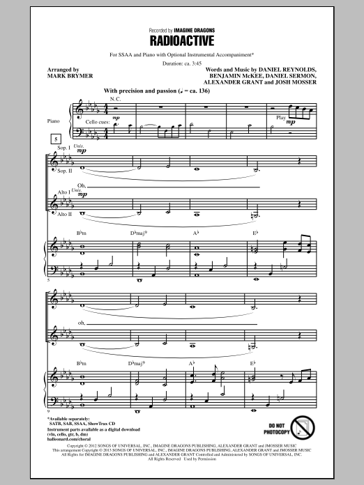Download Imagine Dragons Radioactive (arr. Mark Brymer) Sheet Music and learn how to play SAB PDF digital score in minutes