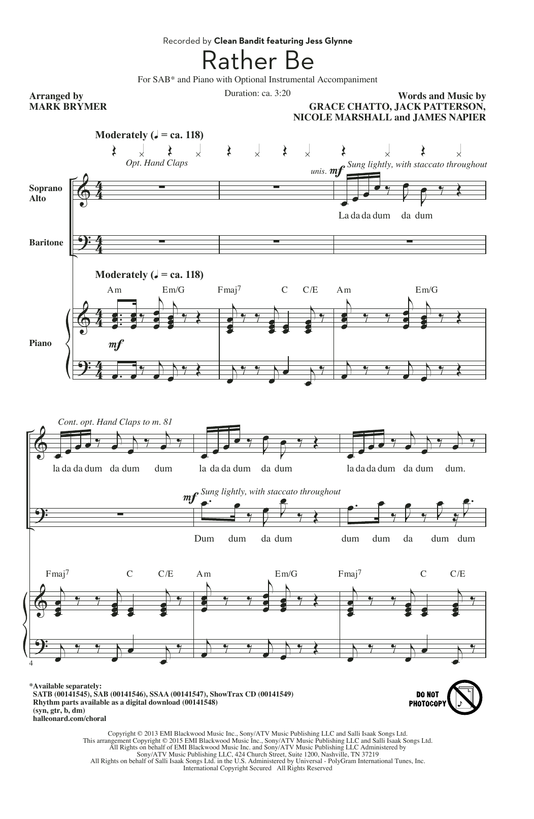 Download Clean Bandit Rather Be (arr. Mark Brymer) Sheet Music and learn how to play SAB PDF digital score in minutes